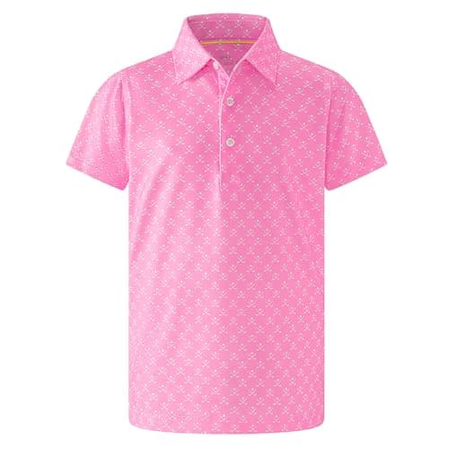 Image of DEFAHN Boy's Golf Shirts, Short Sleeve Polo Shirts Performance Moisture Wicking Dry Fit Stretch Funny Print Active Casual Polo Top Shirts for Golf Tennis Sports (Pink Golf Clubs, 13-14T)