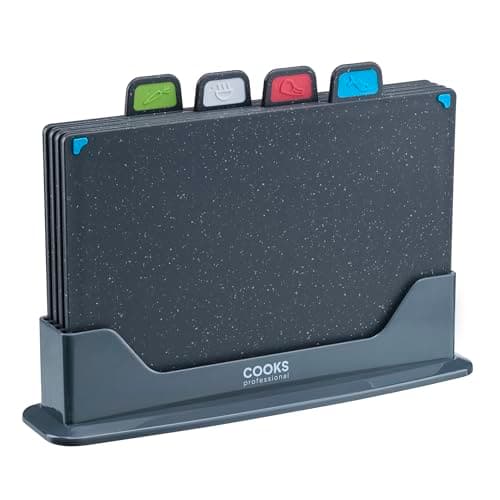 Image of Cooks Professional Index Chopping Board Set | Set of 4 Non Slip Chopping Boards with Stand | Cutting Boards with Colour Coded Tabs for Fruit & Vegetables, Cooked Food, Raw Meat & Fish | Dark Grey