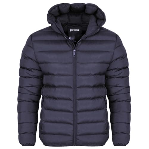 Image of Spindle Mens Plain Black Hooded Padded Quilted Puffer Jacket Winter Coat 2 Zip PocketsSpindle Mens Plain Black Hooded Padded Quilted Puffer Jacket Winter Coat 2 Zip Pockets Navy XXL