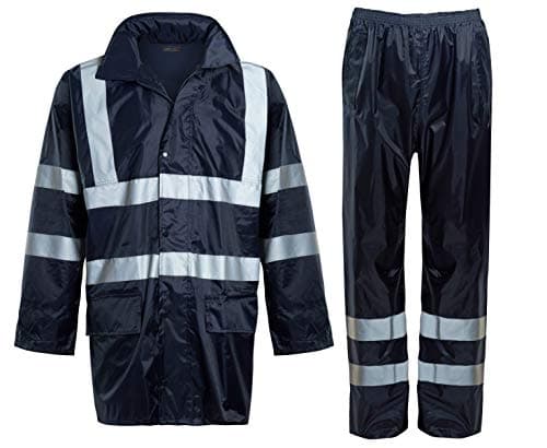 Image of shelikes Hi VIS Viz & Plain Rainsuit 2 Piece Set High Visibility Men Women Hooded Puddle LaShelikes Dies Rain Suit Jacket & Trousers Waterproof PVC Workwear Rain Wear Size S-4XL (Navy Hi Vis, L)