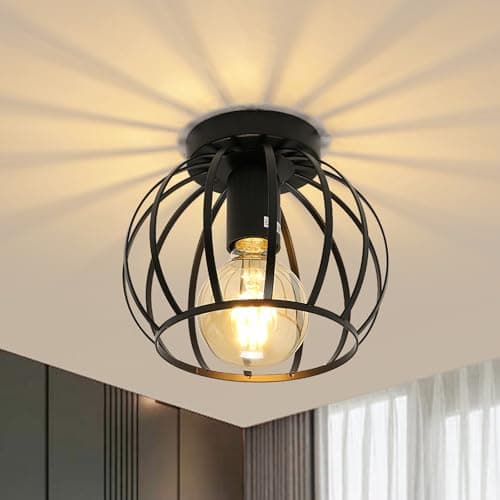 Image of Pheashine Vintage Ceiling Light Semi Flush Mount Black Ceiling Light Fixture Metal Cage Pendant Ceiling Lampshade with E27 Holder for Living Room Kitchen Bedroom Hallway