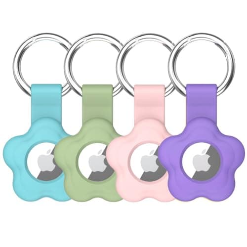 Image of Alsukeay 4 Pack Holder Case for AirTag with Keychain Flower Silicone Protective Cover with Loop Key Ring for Kids Pets Wallet Backpacks Luggage (Blue/Green/Pink/Purple)