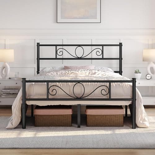 Image of Yaheetech Metal Double Platform Bed 4ft6 Bed Frame Solid Bedstead Base with Scroll Design Headboard/Footboard Black