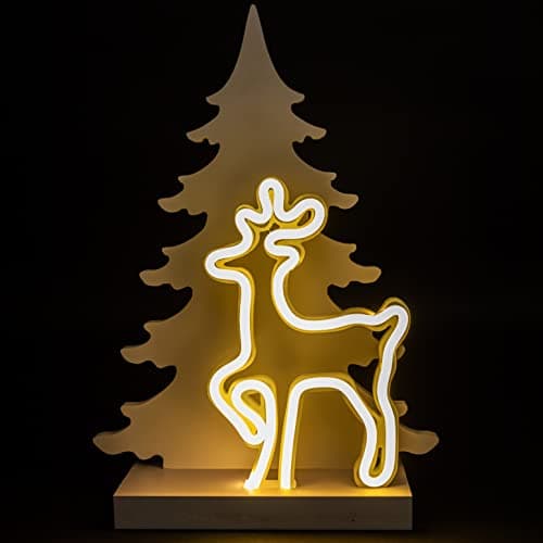 Image of 40Cm Wooden Christmas Tree Decoration Pre Lit LED Neon Reindeer Silhouette Scene Ornament Table Window Battery Operated