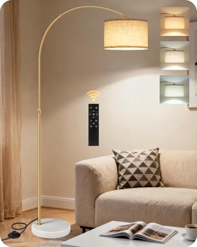 Image of GOEBLESON Arc Floor Lamp with LED Bulb & Remote Control & Foot Switch, Stepless Dimmable, Colour Temperature, Arched Corner Lamp, Rotating Lamp Head, Height Adjustable, Gold ZDE15LDK05