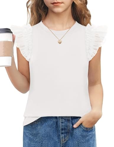 Image of Arshiner Girls Blouses Lace Sleeves Tshirt Kids Summer Tops Round Neck Flying Sleeves Short Sleeved Casual Fashion Plain Tee Shirt 13-14 Years White