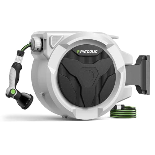 Image of Hose Reel, PATOOLIO Auto Reel 30+2m Wall-Mounted, Retractable Garden Hose Reels, Auto Rewind, Self-Locking System, 180° Pivot Swivelling, 10 Function Spray Gun, Black
