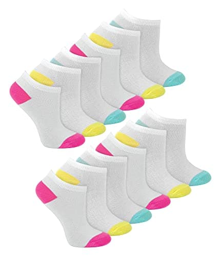 Image of 12 Pair Multipack Girls Low Cut Trainer Socks in White | Kids No Show Athletic Running Socks with Contrast Heel & Toe (12-3, White)