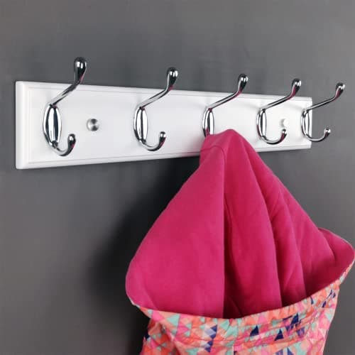 Image of Lomejii 5 Silver Hooks Wall Coat Rack, White Wood, 44 cm, Modern Coat Rack for Entrance, Hallway, Bedroom