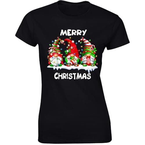 Image of Christmas Gnomes T-Shirt for Womens Merry Christmas Gnome Festive Holiday Graphic Tee Perfect for Christmas Celebrations or Holiday Gifting Black - X-Large