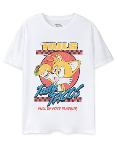 Image of Sonic The Hedgehog Mens T-Shirt | Adults White Short Sleeve Graphic Tee | Tails' Tasty Tacos Retro Sonic Top | Distressed Vintage Gamer Short-Sleeved T Shirt | Classic Gaming Apparel Gift for Him
