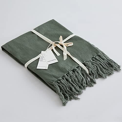 Image of Simple&Opulence Boho Linen Throw Blanket for Bed, Couch, 50”x70” Pre-Washed Fringed Vintage Decorative Woven Blanket with Tassels, Breathable Durable Cozy Farmhouse Decor for All Seasons(Olive Green)