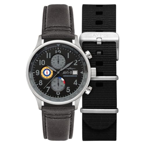 Image of AVI-8 Men's 43.5mm Hawker Hurricane Classic Chronograph Grey Black Watch with Leather Strap AV-4011-0U