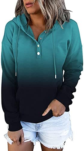 Image of KISSMODA Women's Casual Gradient Color Hoodies and Sweatshirts Long Sleeve Tops Button Down Drawstring Pullover Sweatshirts with Pocket Gradient Indigo XLarge