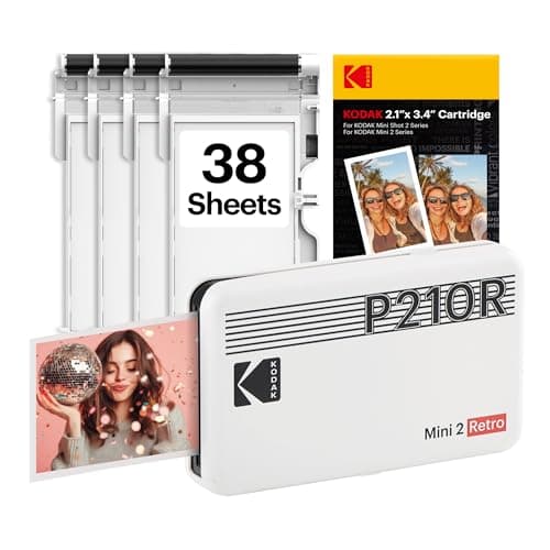 Image of KODAK Mini 2 Retro Portable Photo Printer 5.3 x 8.6 cm, 38 Sheets, Bluetooth Smartphone Printer for iPhone & Android, Instant Colour Printing, 4PASS Dye Sublimation, White