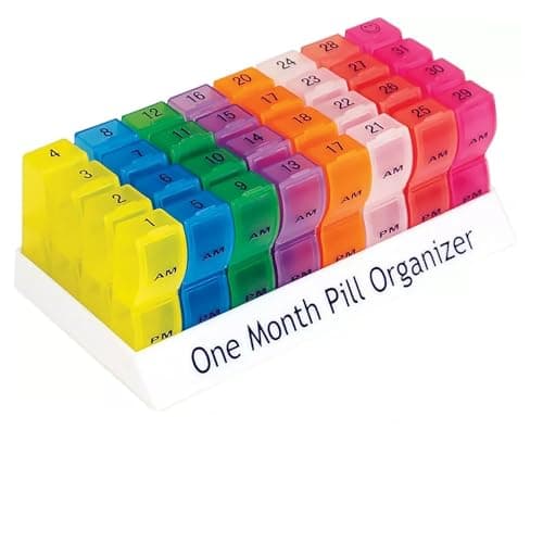 Image of One Month Pill Organiser - AM and PM Compartments, Colour Coded for Easy Identification, Travel Medication Management, Pill Storage, 32 Dispensers for Vitamins, Medicine, Dossete Box Monthly