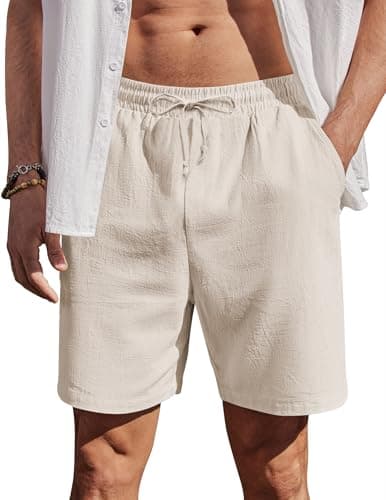 Image of COOFANDY Men's Cotton Summer Shorts Lightweight Breathable Drawstring Half Pants Elastic Waist Casual Shorts for Beach Holiday, Travel & Lounging Beige M
