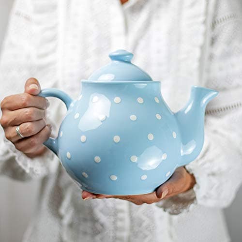 Image of City to Cottage Ceramic 60 oz Teapot, Large Tea Pot for Bloomig and Loose Tea Leaf, Handcrafted Premium Teaware, Sky, Baby Blue Polka Dot Tea Pot for (5-6 Cups) Serving Tea, Teapot for Tea Lovers