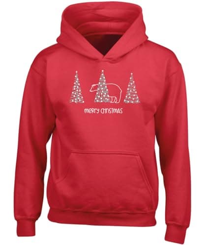 Image of Hippowarehouse Merry Christmas Cute Polar Bear Hiding Behind Pine Trees kids children's unisex Hoodie hooded top kids children's unisex Hoodie hooded top 12-13 years Red