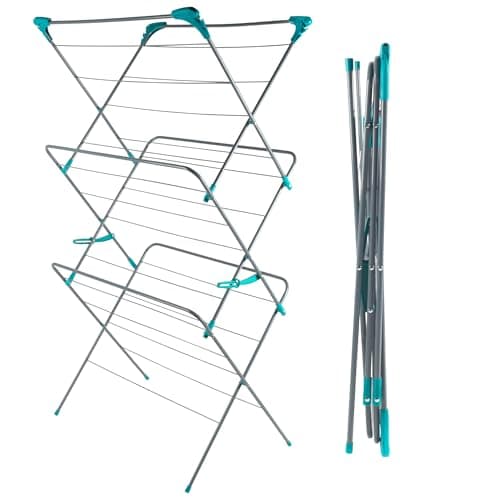 Image of Beldray LA029005FEU7 XL Clothes Airer – Foldable Drying Rack with Additional Hooks/Clips for Hangers & Delicates, Strong Collapsible Clothes Horse, Non-Slip Feet, Extra Large 81cm Width, Blue/Grey
