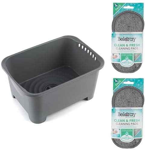 Image of Beldray Washing Up Bowl & Cleaning Pads - Wash & Drain, Integrated Drainer Plug, 8 Litre, Ideal for Home, Camping, Caravans, Compact, Set of 4 Reusable Washing Up Scrub Sponge, Grey