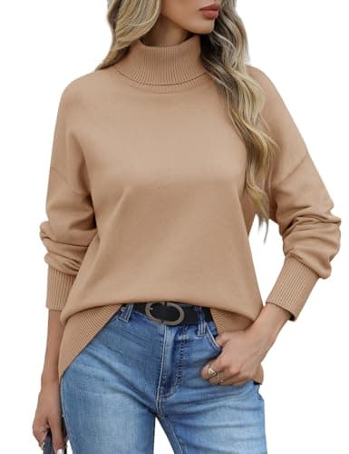Image of PASUDA Women's Jumpers Turtle Neck Sweaters Winter Long Sleeve Tops Autumn Soft Pullover Elegant Ladies Jumper Casual Loose Sweatshirts Knit Pullover Tops(Khaki,M)