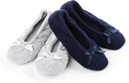 Image of isotoner Women's 2 Pack Microterry Ballerina Slippers with Satin Bow, Suede Sole, and Terry Lining Ballet Flat, Light Grey Quilted, Navy Blue Solid, 4.5/5.5 UK