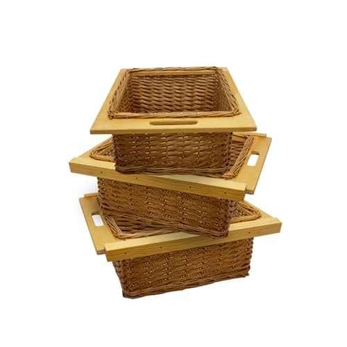 Image of 3 x Pull out Wicker Basket Drawer 500mm Kitchen Storage Solution Larder Base Unit Cupboard with Handle Rustic Pine Wood Farmhouse Style 100% Handmade Rattan Brown
