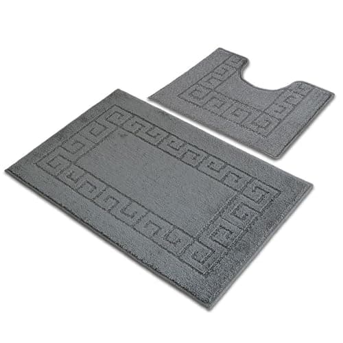 Image of Ambience Products Greek Key Pattern Bath Mats 2 Piece Sets Non Slip Bathroom Mat, Soft Washable Rug Quick Dry Water Absorbent Bathroom Shower Mat & Pedestal Set (Charcoal)