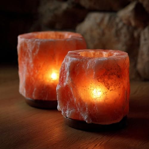 Image of Himalayan Salt Lamp Candle Holder Lamps Natural Pink Salt Lamps Tealight Candle Holders Set Mineral Crystal Salt Lamp | Calming Meditation Relaxing Candles Holders | Set of 2 in one box
