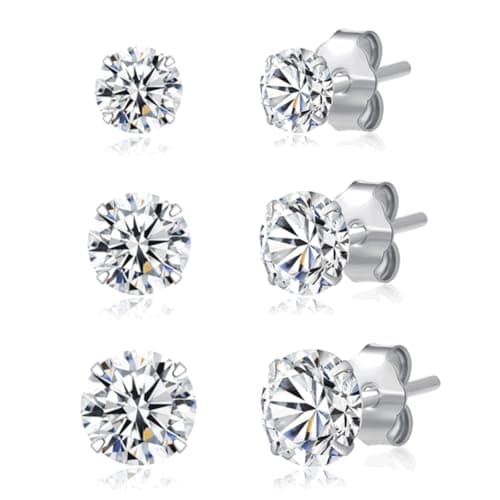 Image of 3 Pairs 925 Sterling Silver CZ Stud Earrings Set 3mm 4mm 5mm Cubic Zirconia Stud Earrings Men Women