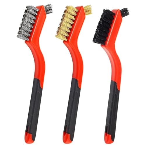 Image of ProBytes Metal Wire Scrub Brush Set 3 Pcs - Stainless Steel / Nylon / Brass Bristles. Soft Grip Handles, Rust Paint Dirt Mould Scraper Remover, Metal Wood PVC Deep Clean Accessories - Orange