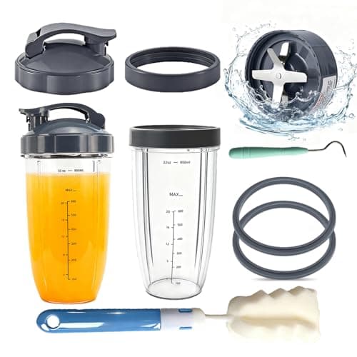 Image of Hunnycook 11-Piece Replacement Parts Set for NutriBullet 600w/900w Series - 32oz Nutribullet Blender Cups with to-Go Lids, Extractor Blade, Sealing Gaskets, Cup Rings, Cleaning Brush & Crochet Hook