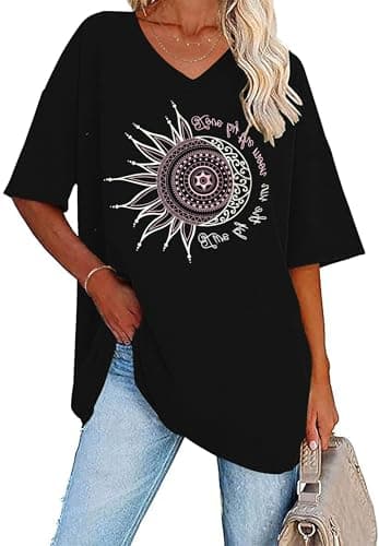 Image of WNEEDU Women Summer T Shirts V Neck Loose Casual Ladies Plus Size Tops Short Sleeve Tee Black Sun 4XL