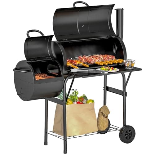 Image of Outsunny Charcoal BBQ Grill with Smokestack, Foldable Side Shelf, Warming Rack, Bottom Shelf, Lid, Temperature Gauge, Wheels for Outdoor Cooking Garden Party, Black
