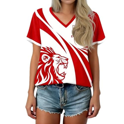Image of 2026 Football Cup Women's Shirt England Ladies Football Tops Short Sleeve Graphic V-Neck Shirts Breathable T-Shirt for Women Sports Fans Outdoor Athletic Slim Fit Shirts (Red-A, L)