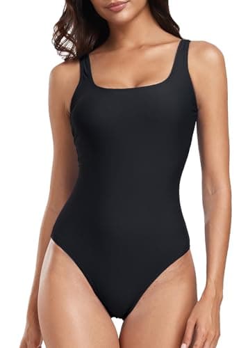 Image of Deriwone One Piece Swimsuit Tummy Control Swimming Costume Retro Scoop Back Swimwear Padded Bathing Suits M,Black