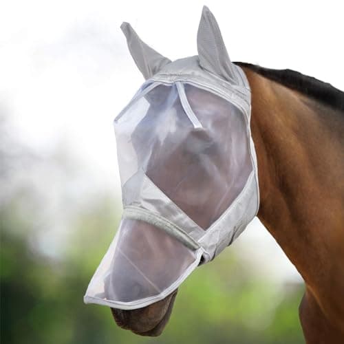 Image of Harrison Howard CareMaster UV-proof Thick Fleece Padding Translucent Fine Mesh Horse Fly Mask Long Nose with Ears Full Face Moonlight Silver Medium Cob