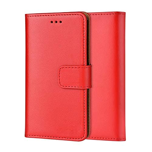 Image of ameego MK-209 Premium Genuine iPhone 5/5S/SE Real Leather Flip Wallet Magnetic Kickstand Slim Book Case with Card Slot (Red)