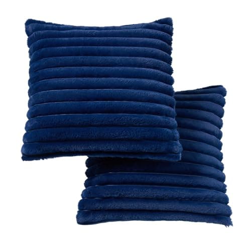 Image of OHS Navy Cushion Covers 45 x 45 Decorative Thick Ribbed Faux Fur Cushion Covers Set of 2 with Invisible Zipper Square Throw Pillow Cover Home Decor for Living Room Sofa Bedroom