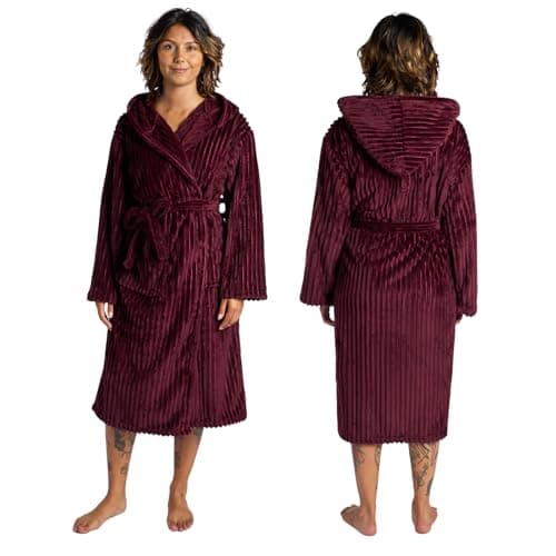 Image of OHS Ribbed Fleece Dressing Gowns Womens, Gifts for Women Men Bathrobe with Hood & Pockets Soft Warm Comfy Luxury Oversized Fluffy Mens Dressing Gowns, Maroon One Size