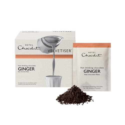 Image of Hotel Chocolat Ginger Hot Chocolate Sachets - Luxury Chocolate Flakes - Pack of 10 Single-Serve Sachets, 310g - Suitable for Vegetarians & Vegans