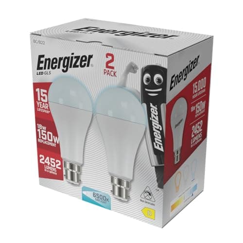 Image of Energizer B22 Bayonet LED Bulb 150W, Daylight, 150 Watts Equivalent, 6500K 18W BC GLS, Light Bulbs, Energy Saving, 2452 Lumen, Non-Dimmable, Extra Bright, Pack of 2