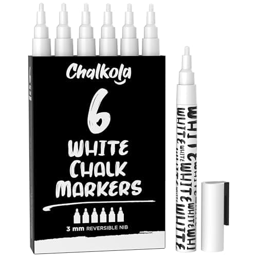 Image of Chalkola White Chalk Pens - White Dry Erase Liquid Chalk Pens for Chalkboard, Blackboard, Window, Bistro, Car Glass, Board, Signs - 3mm Reversible Bullet & Chisel Point