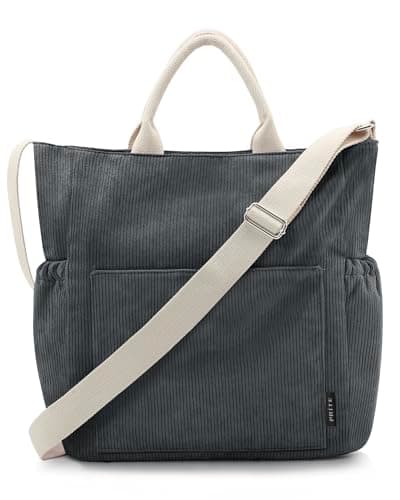 Image of Prite Corduroy Tote Bag for Women with Zipper Large Capacity Shoulder Bags with Adjustable Strap and Pockets Waterproof Handbag for Work School Shopping Travel College (Grey)