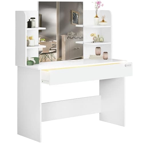 Image of CASARIA® Lucia Dressing Table with Large Mirror, LED Illuminated 3 Compartment Drawer & 4 Open Shelves | Ideal For Hair Make-Up Cosmetics | Contemporary Dresser | 140x110x40cm | White