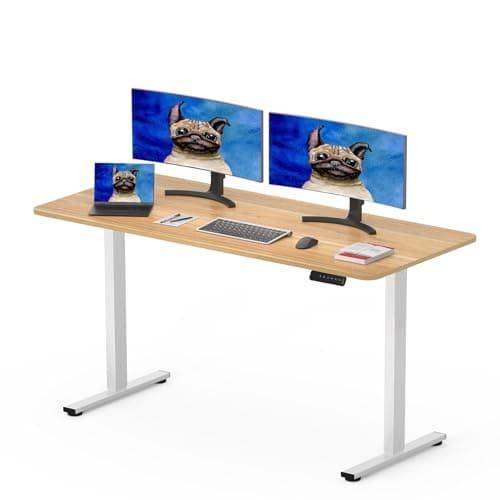Image of SANODESK 120 x 60cm Electric Standing Desk ONE PIECE DESKTOP Height Adjustable Desk Sit Stand Table Home Office Desk with Memory Smart Pannel for Work (White Frame+Maple Desktop)