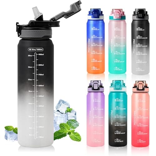 Image of SEASEVEN Sports 1L Water Bottle with Straw,Plastic Drinks Bottle,1 Litre Water Bottles with Time Markings,Waterbottle Leak Proof-Bpa-Free for Gym,School, Office,Travel (Black-White)