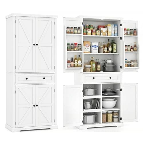 Image of COSTWAY 184cm Tall Kitchen Cupboard, 4-Door Buffet Pantry Storage Cabinet with 4 Adjustable Shelves, Drawer, 6 Door Shelves & 2 Sliding Trays, Freestanding Sideboard Organizer for Dining Living Room