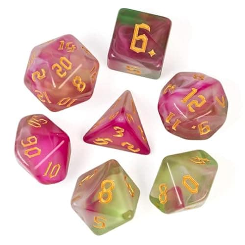 Image of Udixi Enchanted Glade Dice Set - Rose Flower Druid Dice - Pink/Green/White Resin - Polyhedral D&D Dice for Dungeons and Dragons and Tabletop RPG's